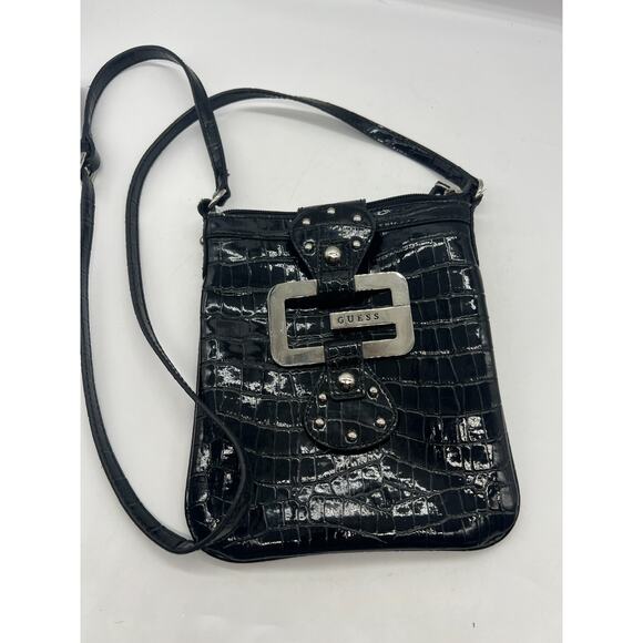 Vintage Guess Black Patent Y2K Shoulder Alligator Silver Buckle Bag - Picture 1 of 14